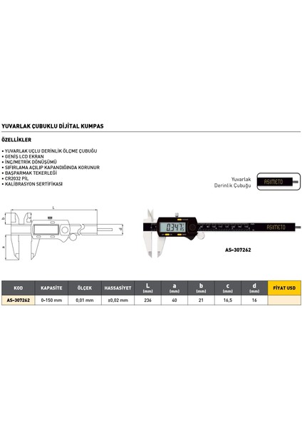 0-150MM Asimeto Yuvarlak Çubuklu Dijital Kumpas AS-307262 fiyatları