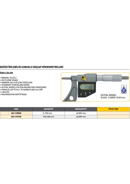 0-150 mm Asimeto Dijital Değiştirilebilir Çubuklu Dışçap Mikrometresi AS-115060 fiyatları