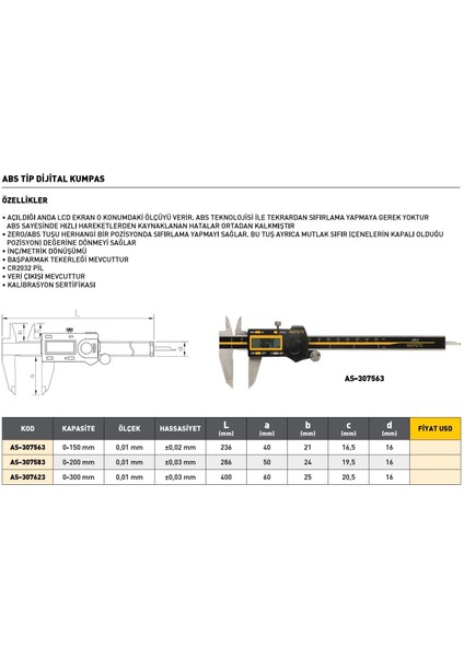 0-300MM Asimeto Abs Tip Dijital Kumpas AS-307623 fiyatları