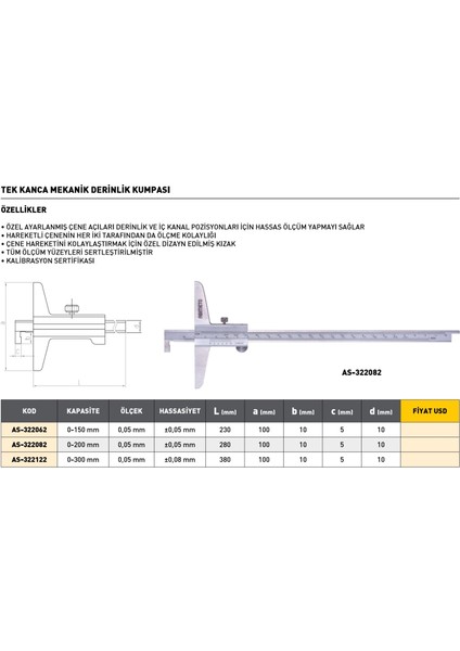0-300MM Asimeto Tek Kanca Mekanik Derinlik Kumpası AS-322122 modelleri