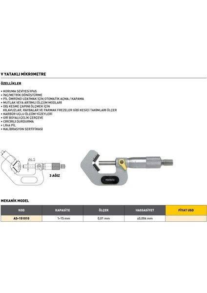 1-15 mm Asimeto Mekanik V Yataklı Mikrometre AS-151010 modelleri
