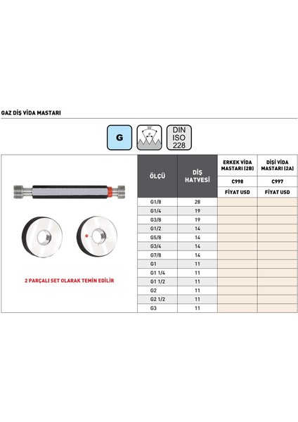 G3/8 -19 Pld DIN228 C998 Boru Için Erkek Gaz Diş Vida Mastarı