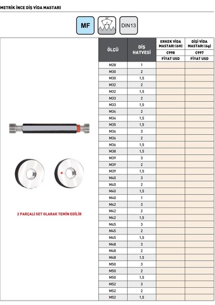 M50X1,5 Pld C998 Metrik Erkek Ince Diş Vida Mastarı fiyatları
