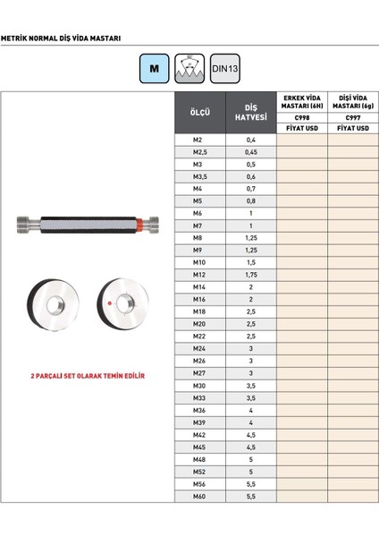 M3,5x0,6 Pld C998 Metrik Erkek Normal Diş Vida Mastarı fiyatları
