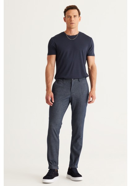 ALTINYILDIZ CLASSICS Erkek Lacivert Slim Fit Dar Kesim Yan Cepli Tweet Desenli Beli Lastikli Klasik Kumaş Pantolon
