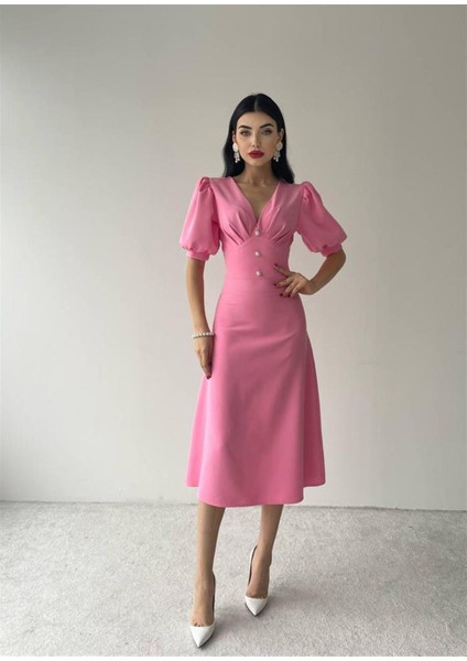 Linda Düğmeli Pembe Elbise