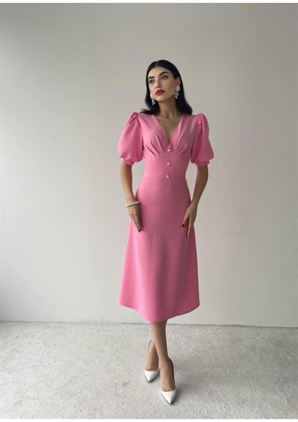 Linda Düğmeli Pembe Elbise