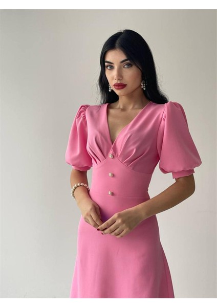 Linda Düğmeli Pembe Elbise