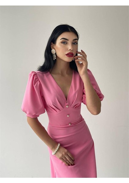 Linda Düğmeli Pembe Elbise