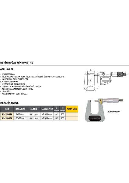 0-25 mm Asimeto Mekanik Derin Boğaz Mikrometre AS-150014 modelleri
