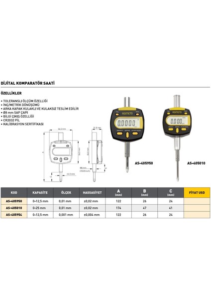 0-25 mm Asimeto Dijital Komparatör Saati AS-405010 modelleri