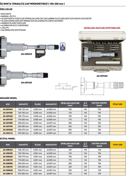 250-275 mm Asimeto Mekanik 3 Nokta Temaslı İç Çap Mikrometresi AS-209400