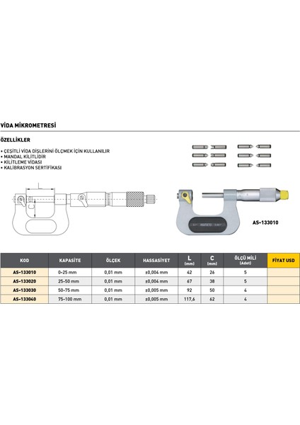 25-50 mm Asimeto Vida Mikrometresi AS-133020