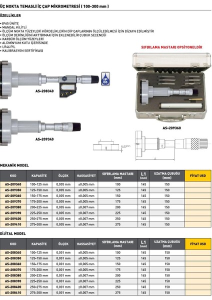 200-225 mm Asimeto Mekanik 3 Nokta Temaslı İç Çap Mikrometresi AS-209380 modelleri