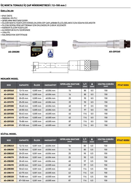 16-20 mm Asimeto Dijital 3 Nokta Temaslı İç Çap Mikrometresi AS-208250