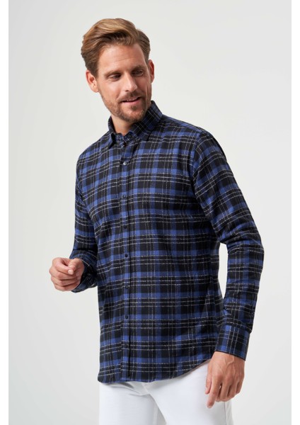 Regular Fit Uzun Kollu Lacivert Flanel Erkek Gömlek GM22K222100_D39