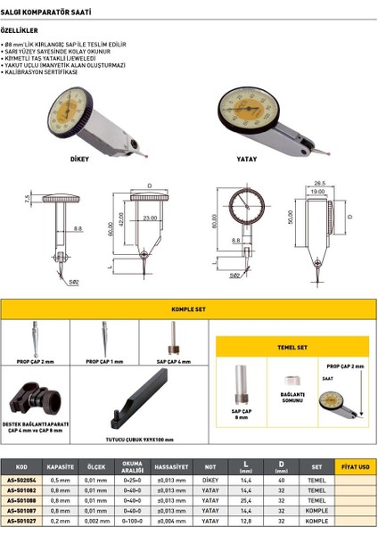 0,8 mm Asimeto Yatay Komple Salgı Komparatör Saati AS-501087