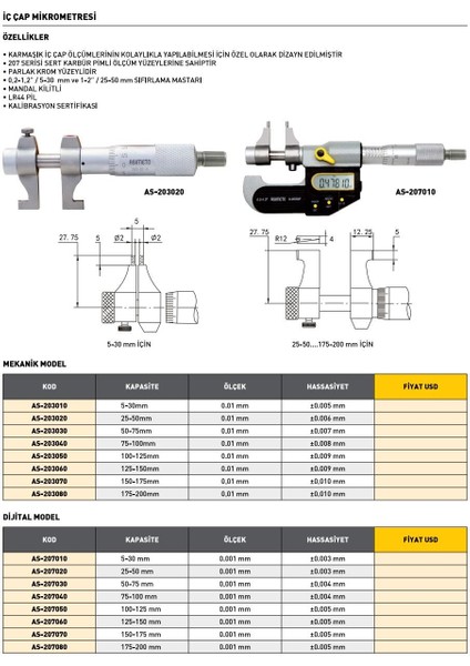 5-30 mm Asimeto Mekanik İç Çap Mikrometresi AS-203010 modelleri