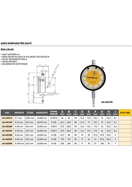 0-10 mm Asimeto Agd2 Komparatör Saati AS-402100