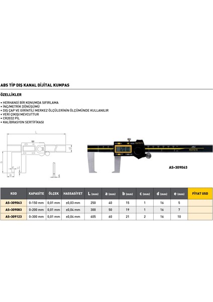 0-150 mm Asimeto Abs Tip Dış Kanal Dijital Kumpası AS-309063