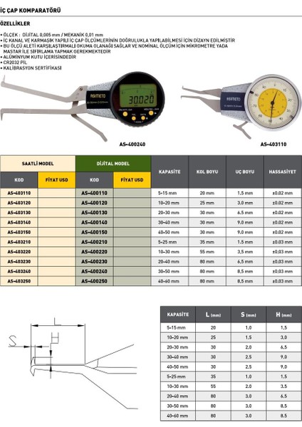 20-40 mm Asimeto Saatli İç Çap Komparatörü AS-403230 modelleri