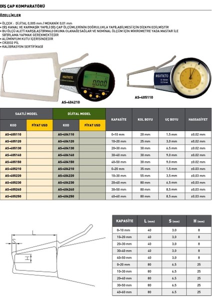 0-10 mm Asimeto Saatli Dış Çap Komparatörü AS-405110