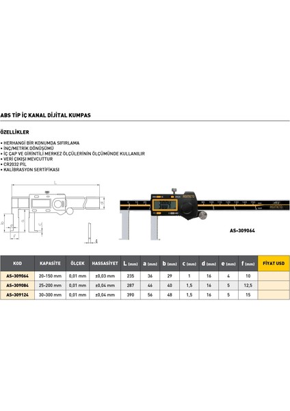 20-150 mm Asimeto Abs Tip Iç Kanal Dijital Kumpası AS-309064