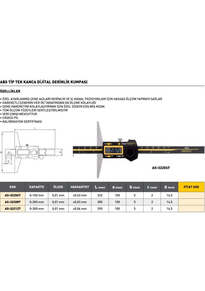 0-200MM Asimeto Abs Tip Tek Kanca Dijital Derinlik Kumpası AS-322087 modelleri
