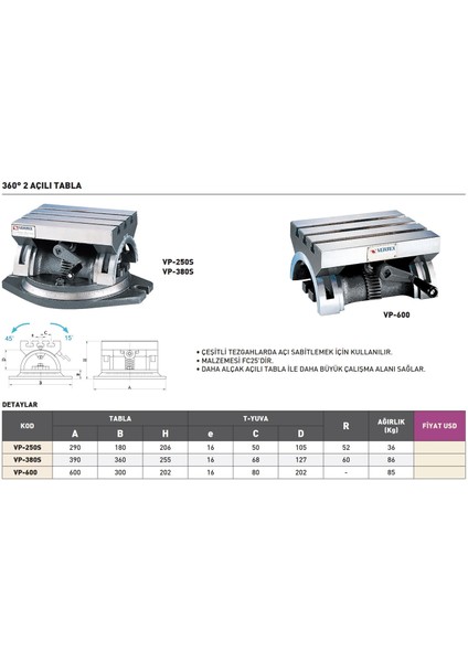 VP-380S Vertex 360° 2 Açılı Tabla modelleri