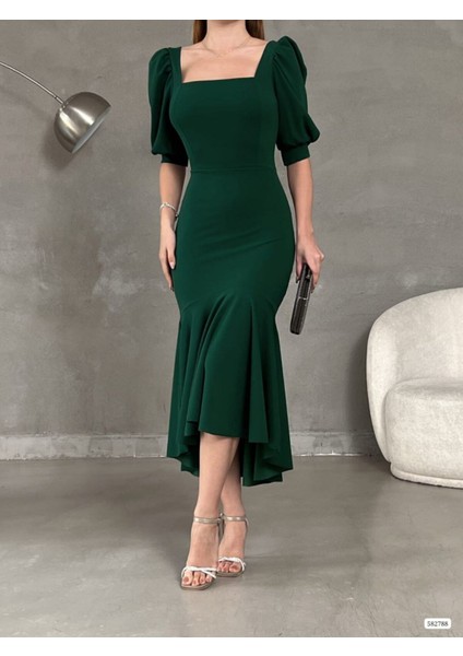 Prenses Kol Eteği Volanlı Kare Yaka Midi Krep Abiye Elbise Düğün Nişan Söz Davet