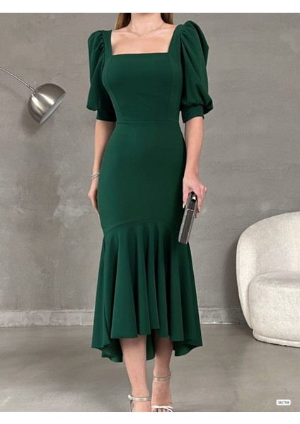 Prenses Kol Eteği Volanlı Kare Yaka Midi Krep Abiye Elbise Düğün Nişan Söz Davet fiyatları