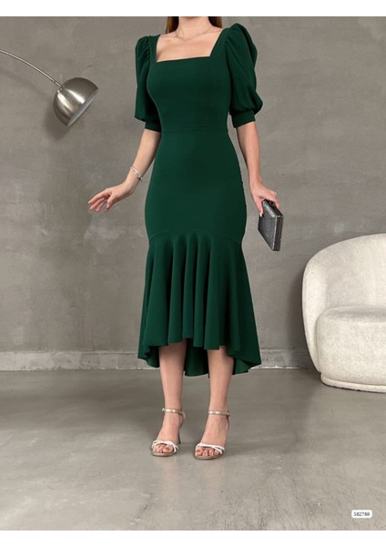 Prenses Kol Eteği Volanlı Kare Yaka Midi Krep Abiye Elbise Düğün Nişan Söz Davet modelleri