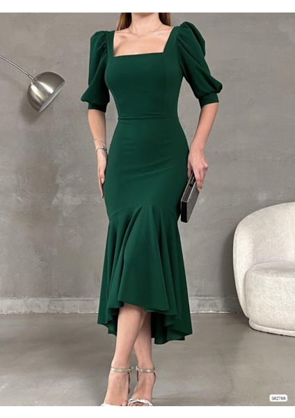 Prenses Kol Eteği Volanlı Kare Yaka Midi Krep Abiye Elbise Düğün Nişan Söz Davet indirimleri