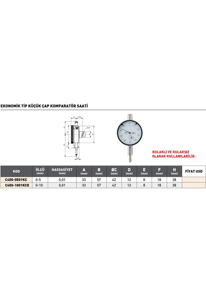 0-5 mm Pld Ekonomik Tip Küçük Çap Komparatör Saati