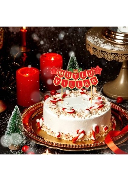 Pasta Üstü Mutlu Yıllar Yaldızlı Kırmızı