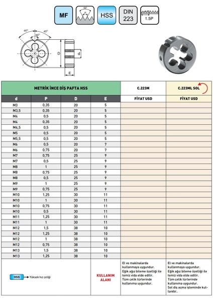 M8X0,5 Pld DIN223 Hss Metrik Ince Diş Pafta
