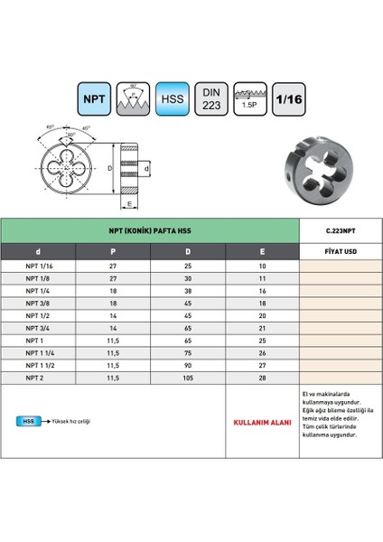 Npt 1/4 -18 Pld DIN223 Hss Npt Konik Diş Pafta modelleri
