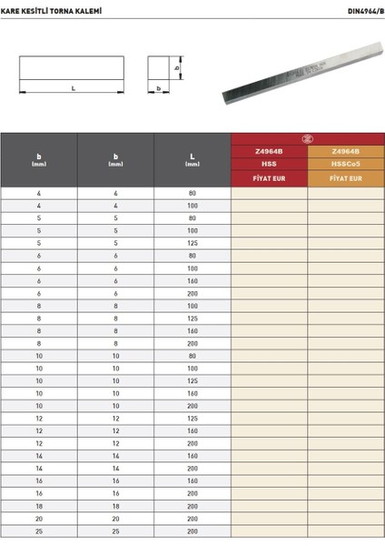 5X5X80 Poldi DIN4964B Hss Co5 Kare Kesitli Torna Kalemi modelleri