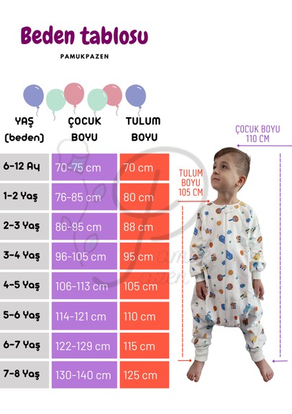 Kışlık Kollu Bebek Çocuk Uyku Tulumu 20-24 Derece Orman Hayvaları Desenli Pamuk Çift Kat Pazen Kumaş