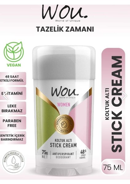 World Of Unique Stick Krem, Koltuk Altı Terleme Önleyici 48 Saat Etkin Koruma Vegan, Kadın Koltuk Altı Stick 75 ml