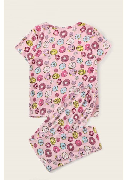 Kısa Kollu Alt Uzun Donut Baskılı Pijama Takımı