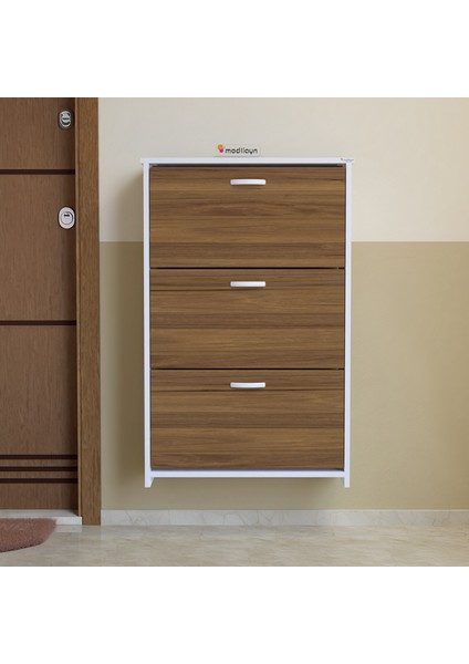 MİHRA 72 X 112 X 25,5 cm Düşer Kapaklı 3 Katlı Ayakkabılık -Ceviz