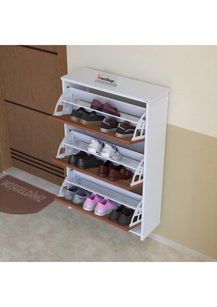 MİHRA 72 X 112 X 25,5 cm Düşer Kapaklı 3 Katlı Ayakkabılık -Ceviz