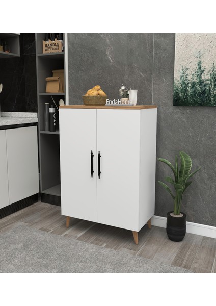 Enda Home 3 Raflı 2 Kapaklı Çok Amaçlı Dolap Çok Amaçlı Mutfak Dolabı Banyo Dolabı Çam & Beyaz