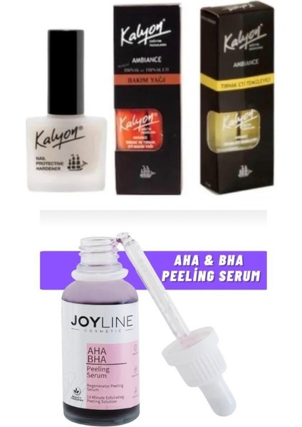 Kalyon Tırnak Sertleştrici - Tırnak Bakım Yağı - Tırnak Eti Temizleyici 3'lü Set - Joy Line Kırmızı Peeling Serumu 30 ml Aha %30 Bha %2