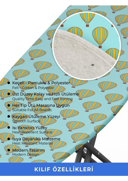 Ütü Masası Kılıfı Örtüsü Bezi, Turkuaz Uçan Balon Süngerli ve Keçeli, Yanmaz, Ayarlanabilir 48X138 cm