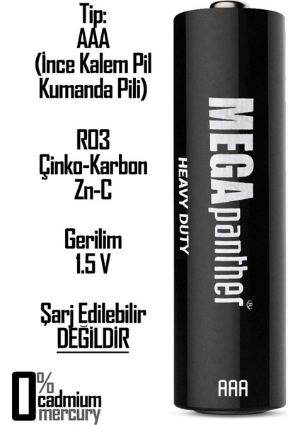 8li Aaa R03 Ince Kalem Pil Kumanda Pili Zn-C 1.5V