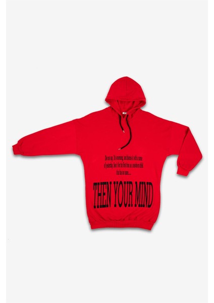 Kadın Kırmızı Kapşonlu Yazılı Sweatshirt