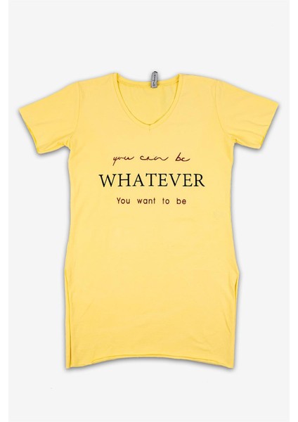 Kadın Sarı Yazılı V Yaka Tişört