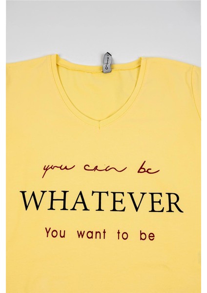 Kadın Sarı Yazılı V Yaka Tişört modelleri